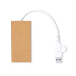 A brown rectangular USB drive with a white cable connected, featuring a logo on the surface.
