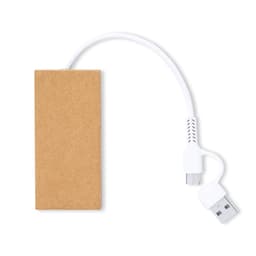 A USB drive with a rectangular brown body and a white connecting cable, featuring a branding logo.