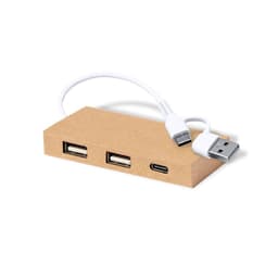 A rectangular beige USB hub with two standard USB ports and one USB-C port, featuring a connected cable.