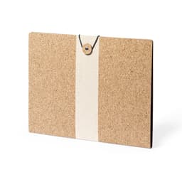 A cork folder with a beige fabric accent and a button closure. It features a logo on the front.