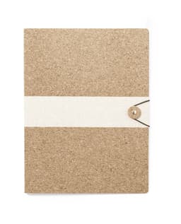 A tan folder with a textured, cork-like finish and a white fabric band featuring a button closure.