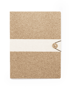 A natural brown folder with a textured finish and a white elastic band closure featuring a button.