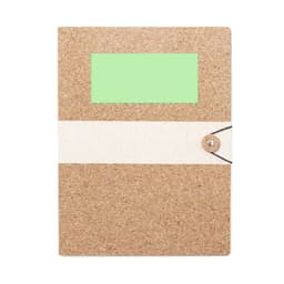 A folder featuring a natural cork texture with a white band and a green window, and a button closure.