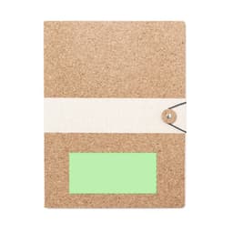 A cork folder with a white band, featuring a green label area and a fastening button. It has a minimalistic design.