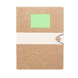 A cork folder featuring a green window and a beige band, secured with a button and string detail.