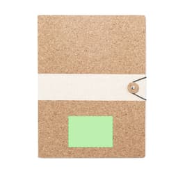 A cork-textured folder with a cream band and button closure, featuring a green label area.