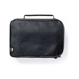 A black zippered bag with a handle, featuring a textured fabric and a logo.