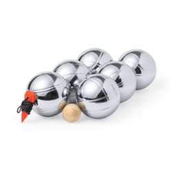 A set of six shiny silver game balls and one wooden target ball in a neat arrangement.