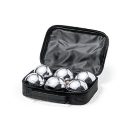A black carrying case with a zipper, containing six shiny metallic balls and a wooden ball.