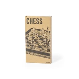 A cardboard box featuring a chessboard with chess pieces in black and white. It has a logo on the front.