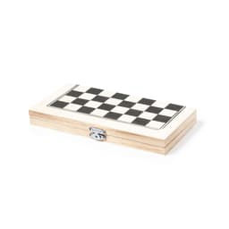 A wooden chess box with a black and white checkerboard design on the lid, featuring a metal clasp.