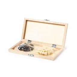 A wooden chess box with a hinged lid, containing black and white chess pieces. The box has a natural finish.