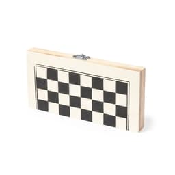 A wooden chess set featuring a black and white checkerboard design. The set has a clasp for storage.