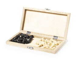 A wooden game box with two sets of chess pieces, one in black and the other in light beige.