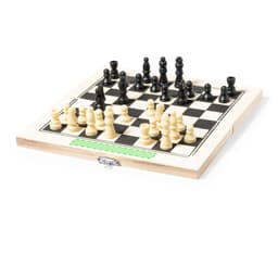 A wooden chess board featuring black and cream pieces, arranged for gameplay. The board has a hinged design.