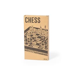 A box of Blitz Chess featuring a chessboard design with black and white pieces. It has a simple, brown packaging.