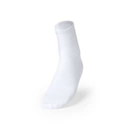 A white sock, mid-length, featuring a ribbed cuff. The image includes a branding logo.