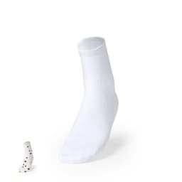 A white sock with a smooth texture, accompanied by a smaller patterned sock featuring dots in various colours.