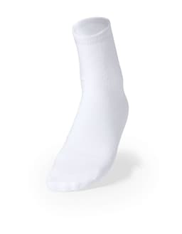 A white sock with a solid, smooth finish, featuring a logo on the cuff.