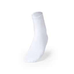A pair of white socks displayed upright against a plain background, featuring a standard ankle length and ribbed cuff.
