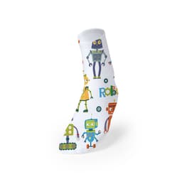 A sock featuring colourful robot designs on a white background, with various playful robot characters.