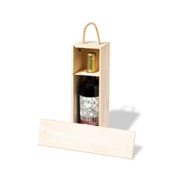 A wooden gift box containing a bottle of red wine, featuring a decorative label and a handle on top.