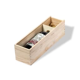A wooden gift box containing a bottle of red wine, with an elegant design on the label and a corkscrew.