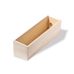 A rectangular wooden box with a natural finish and a gold-toned knob, featuring a smooth interior.