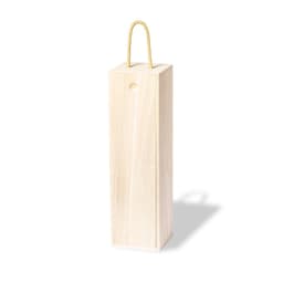 A wooden gift box with a natural finish and a rope handle for easy carrying. Features a hole for hanging.