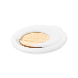 A white phone stand with a circular design and a wooden base, featuring a carved section for smartphones.