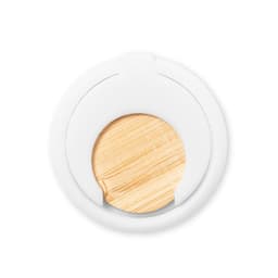 A white phone stand with a circular base featuring a light wooden surface, including a subtle logo.