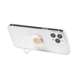 A white phone stand with a wooden accent attached to the back of a smartphone, featuring a ring for grip.