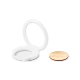 A white phone stand with a wooden base, featuring a sleek and modern design.