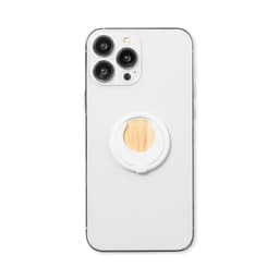A white phone with a circular phone stand featuring a wooden insert on the back. The design is sleek and minimalist.