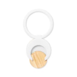 A white phone stand with a circular wooden base and a round top, featuring a logo.