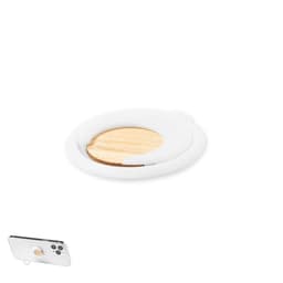 A white phone stand with a wooden base sits above a smartphone featuring a ring holder. The product has a branding logo.