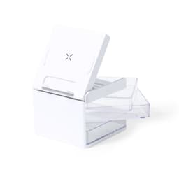 A wireless charger in white with a transparent drawer and a hinged lid for easy access.