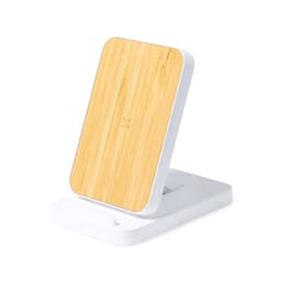 A wireless charger with a bamboo surface and a white base, featuring a simple and modern design.