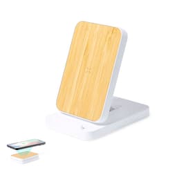 A wireless charger featuring a bamboo top and a white base, designed for charging mobile devices.