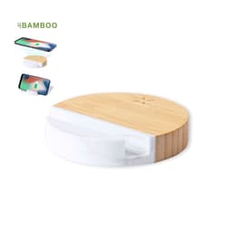 A circular wireless charger holder in bamboo and white marble, featuring a sleek design with a logo.