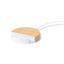 A wireless charger holder featuring a bamboo top and a white bottom, connected by a white cable.