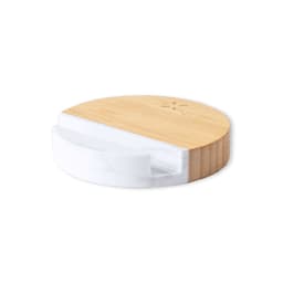 A round wireless charger with a bamboo surface and a white marble section, featuring a textured base.