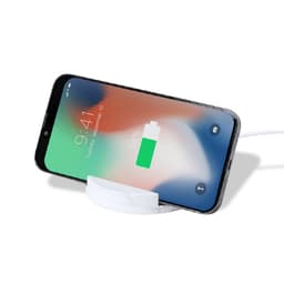 A wireless charger holder in white, displaying a smartphone with a battery charging icon.