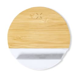A round bamboo charger holder featuring a white base. It has a logo in the centre.