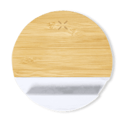 A round wireless charger holder in bamboo and white, featuring a simple design with a minimalist aesthetic.