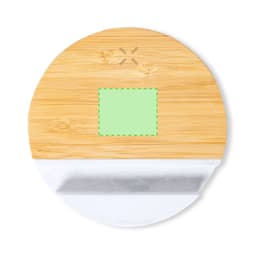 A circular wireless charger holder in bamboo design, featuring a white base and a green accent area, with branding.