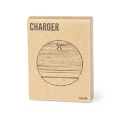 A wooden-styled round wireless charger in a kraft paper box with a simple logo design.