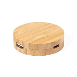 A bamboo USB hub with a circular design featuring two USB ports. It has a natural finish.