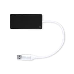 A black USB hub with a white cable, featuring a simple design and a branding logo.