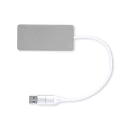 A silver USB hub with a white connector cable, featuring a simple design and a branding logo.